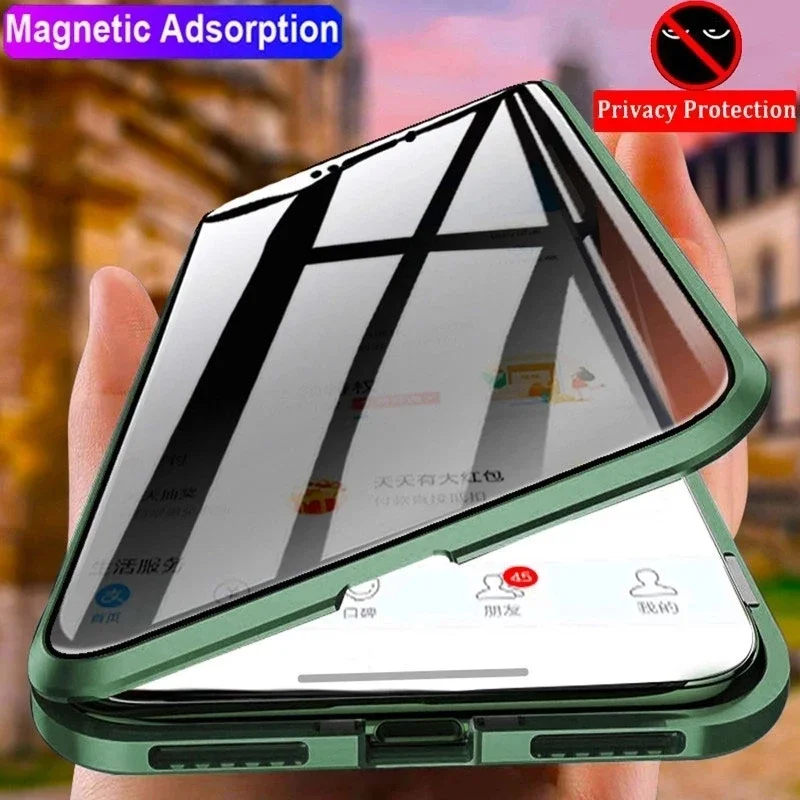Anti Spy Privacy Glass Case - Realme GT 6T 7 Pro用、全面保護レンズカバー付き、磁石内蔵、覗き見防止、プライバシー保護、両面強化ガラスカバーのスマートフォンケース