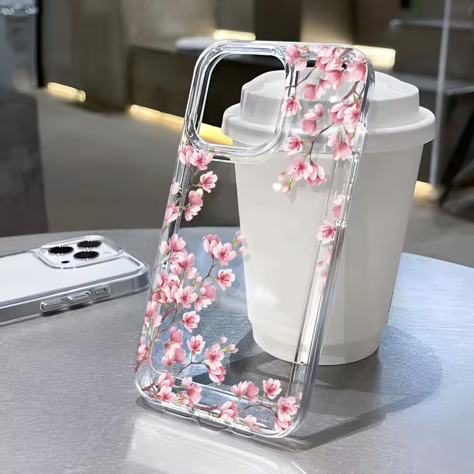 Clear Shockproof Bumper Case - iPhone 18、17、16、15、14、13、12、11 Pro Max、7、8 Plus、Air、Mini、SE対応、花柄の透明スマホケース、耐衝撃ソフトカバー