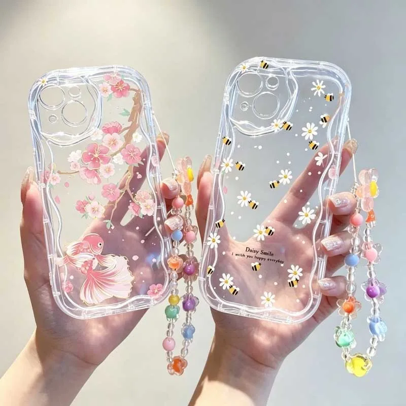 Cute Cartoon Wrist Strap Silicone Case - かわいい笑顔のミツバチと花のデザインが施された、Motorola EDGE 50 FUSION Ultra G05