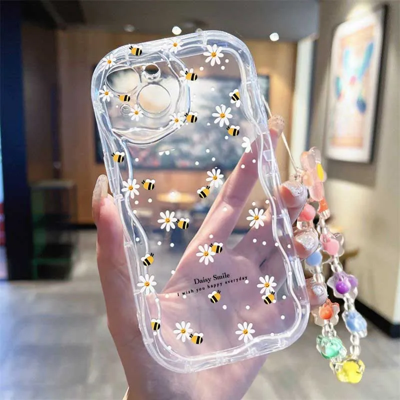 かわいい笑顔のミツバチと花のデザインが施された、Motoro - Cute Cartoon Wrist Strap Silicone Case のレビューと価格